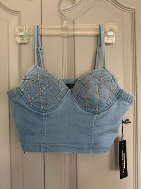Haute Monde Light Blue Rhinestone Bustier Crop Top